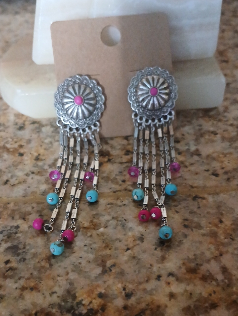Silver Boho Dangle Earrings with Pink and Turquoise Beads